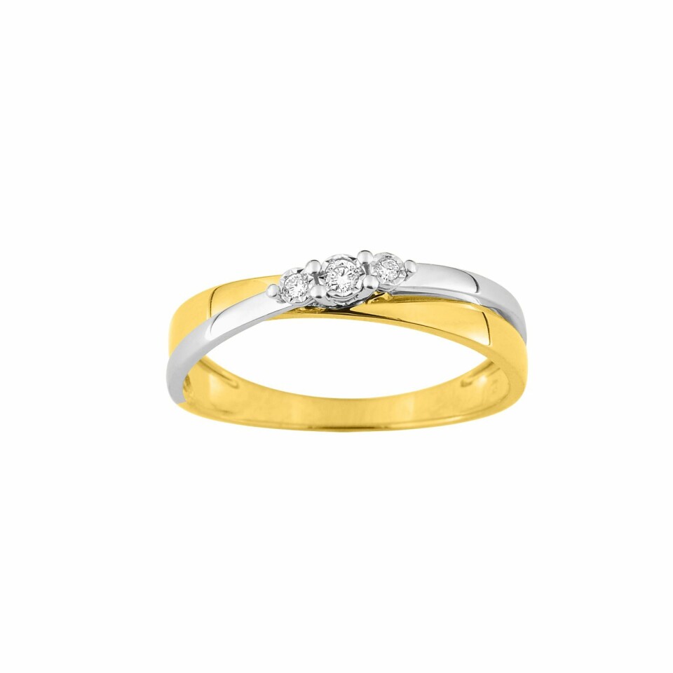 Bague en or jaune, or blanc et trilogie de diamants de 0.046ct