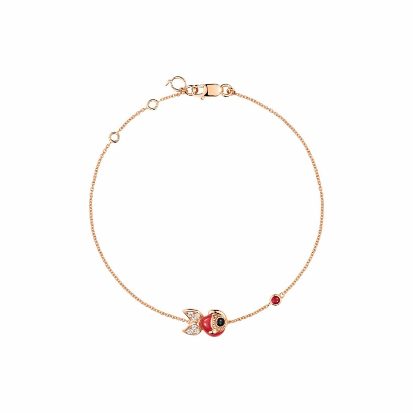 Bracelet Qeelin Qin Qin en or rose, diamants, agate rouge, onyx et rubis