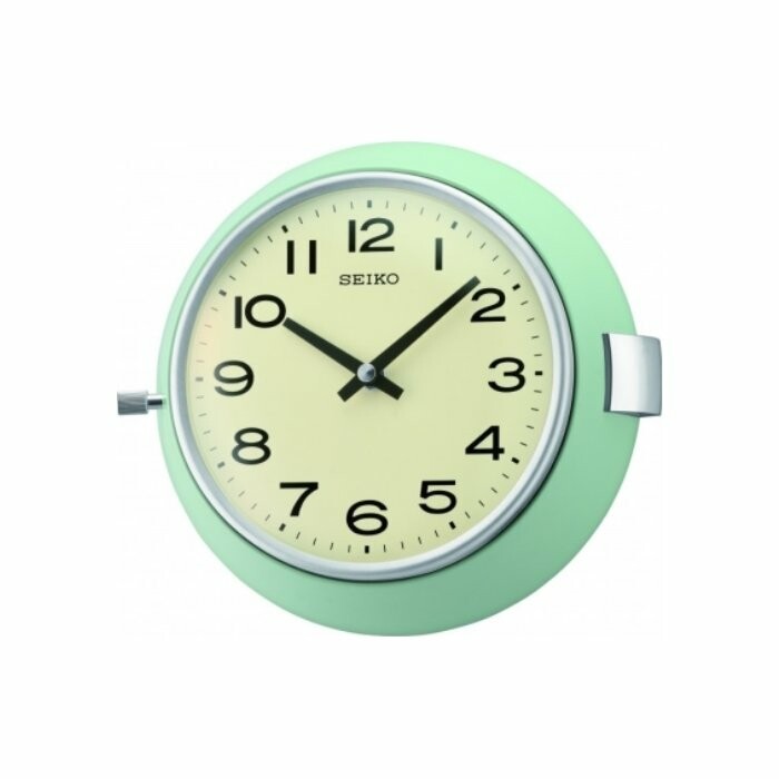 Horloge murale ronde Seiko cadran écru contour vert d'eau