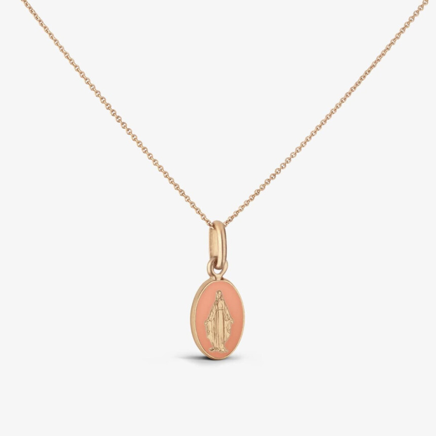 Arthus Bertrand miraculous virgin medal, polished rose gold and pink lacquer