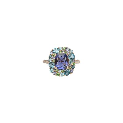 Bague Isabelle Langlois Émotion en or rose, iolite, topaze bleue, tsavorite et diamant