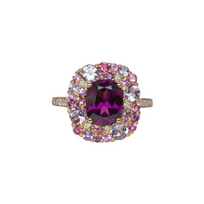 Bague Isabelle Langlois Emotion Coussin en or rose, rhodolite, Rose de France, tourmaline rose, saphir rose et diamant