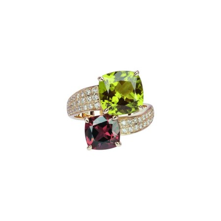 Bague Isabelle Langlois en or rose, rhodolite, péridot et diamants