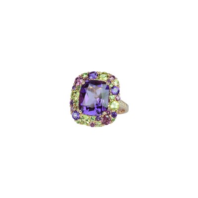 Bague Isabelle Langlois Émotion en or rose, améthyste, péridot, rhodolite, tsavorite et diamant