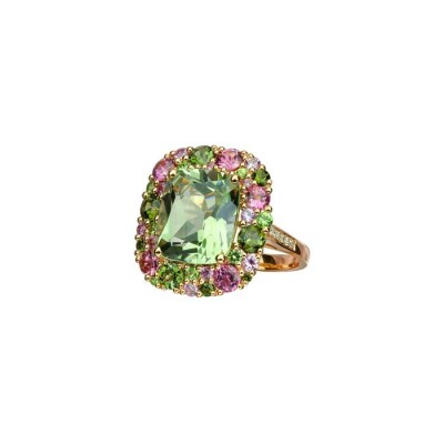 Bague Isabelle Langlois Emotion Coussin en or rose, quartz, tourmalines, saphirs, tsavorites et diamants