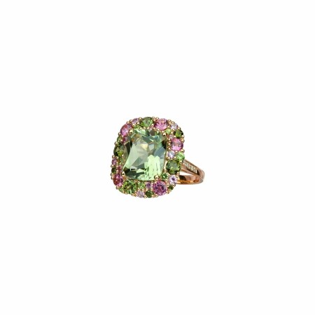 Bague Isabelle Langlois Emotion Coussin en or rose, quartz vert, tourmaline rose, tourmaline verte, saphir rose et tsavorite 