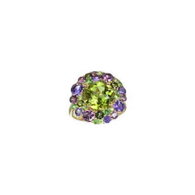 Bague Isabelle Langlois Émotion en or rose, péridot, améthyste, rhodolite, tourmaline verte et saphir rose