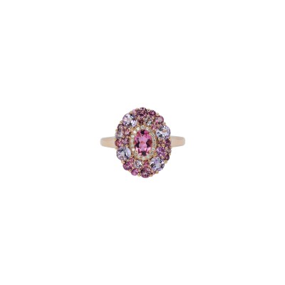 Bague Isabelle Langlois Émotion en or rose, tourmaline rose, Rose de France, rhodolite, saphir rose et diamant