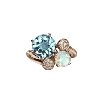 Bague Isabelle Langlois Macaron en or rose, topaze bleue, pierre de lune et diamant