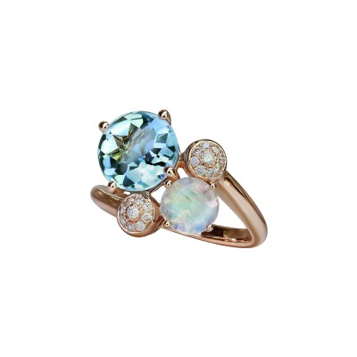 Bague Isabelle Langlois Macaron en or rose, topaze bleue, pierre de lune et diamant
