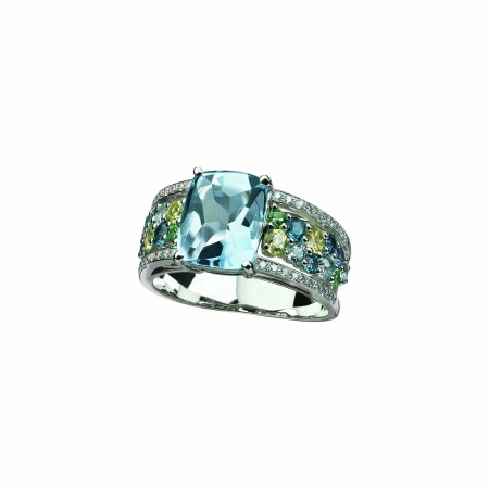 Bague Isabelle Langlois en Galon or blanc péridot, topaze bleue traitée