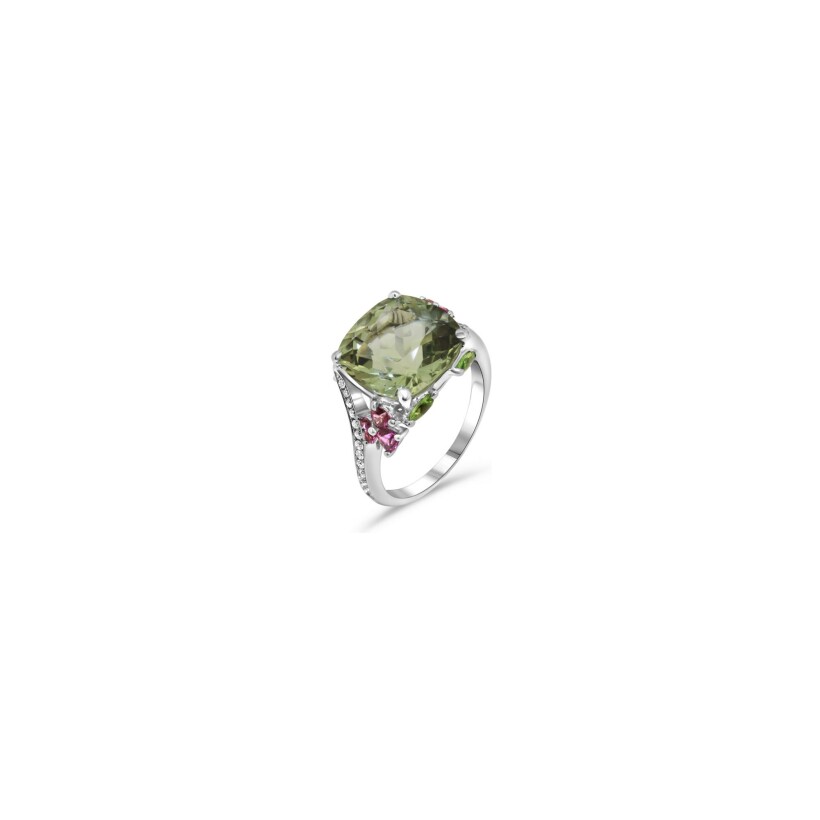 Bague Vaneste en or blanc, quartz, tsavorite et saphir