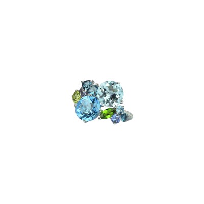 Bague Isabelle Langlois Eden en or blanc, topaze bleue, péridot, diopside, iolite, saphir et diamant