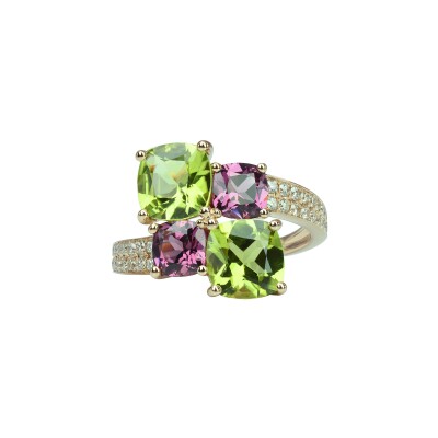 Bague Isabelle Langlois Pavé de Paris en or rose, péridot, rhodolite et diamant