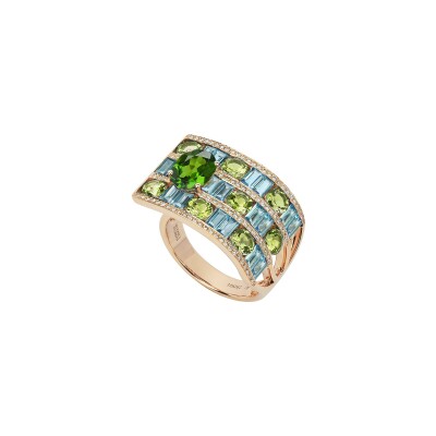 Bague Isabelle Langlois Tissage en or rose, diopside, topaze bleue, péridot et diamant