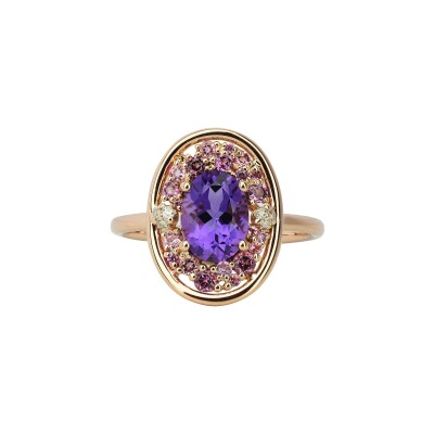 Bague Isabelle Langlois Sac de billes en or rose, améthyste, rhodolite, tourmaline rose, saphir rose et diamant