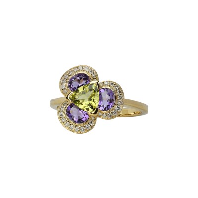 Bague Isabelle Langlois Flora Pensée en or jaune, péridot, améthyste et diamant
