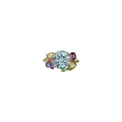 Bague Isabelle Langlois en or rose, topaze bleue, topaze Bleu London, rhodolite, améthyste, péridot et tsavorite