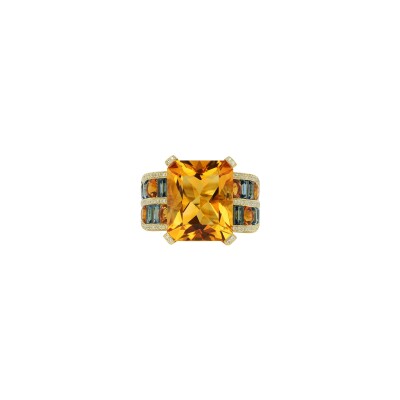 Bague Isabelle Langlois Tissage en or jaune, citrine, topaze Bleu London et diamant