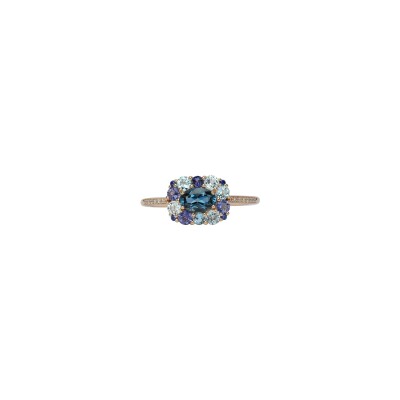 Bague Isabelle Langlois Émotion en or rose, topaze Bleu London, topaze Swiss blue, topaze bleue et iolite