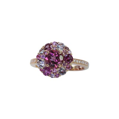 Bague Isabelle Langlois Emotion Rond en or rose, rhodolite, Rose de France, tourmaline rose, saphir rose et diamant