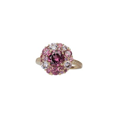 Bague Isabelle Langlois Émotion en or rose, rhodolites, rose de France,  saphirs roses et tourmaline rose