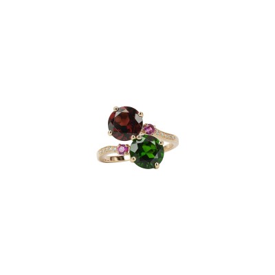 Bague Isabelle Langlois Toi et Moi en or rose, grenat, diopside, saphir rose et diamant