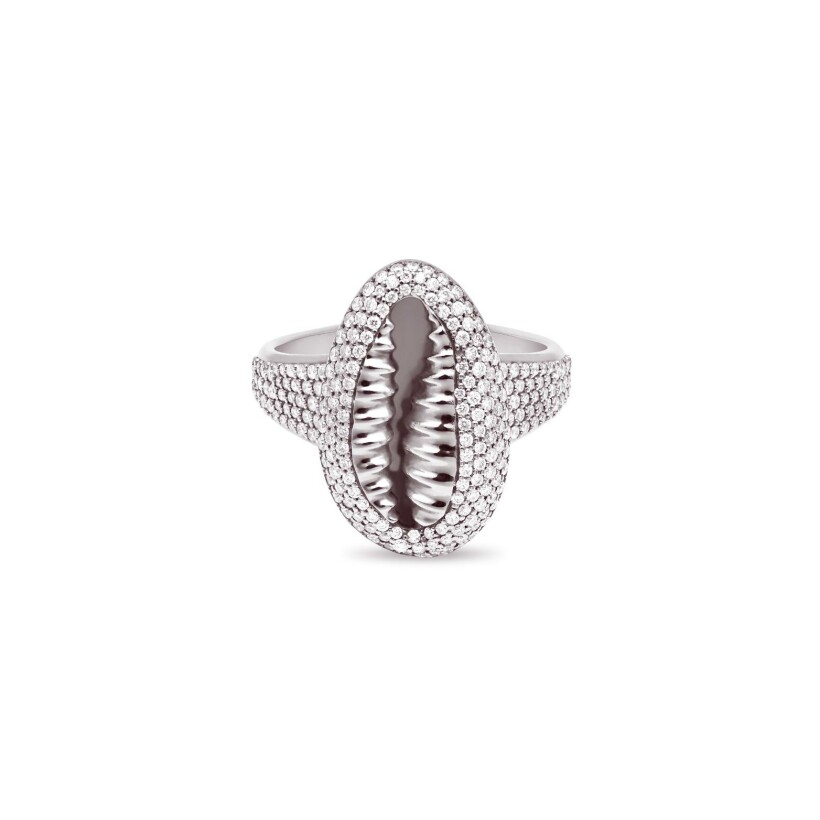 Bague Cauris XL en or gris pavée diamants