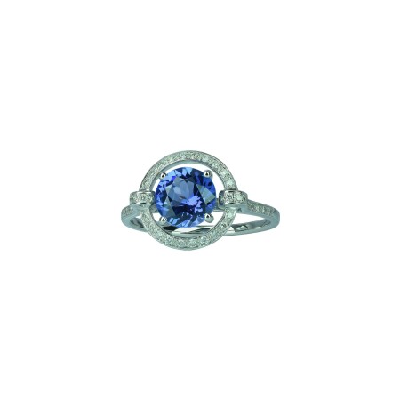 Bague Isabelle Langlois tanzanite entourage diamants sur or blanc