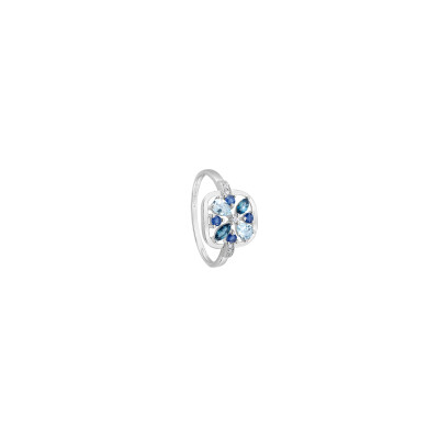 Bague or blanc, diamants et pierres multicolores