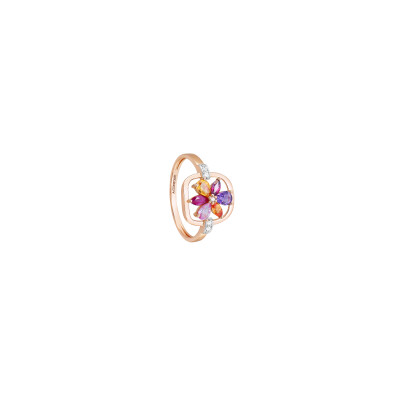 Bague or rose, diamants et pierres multicolores