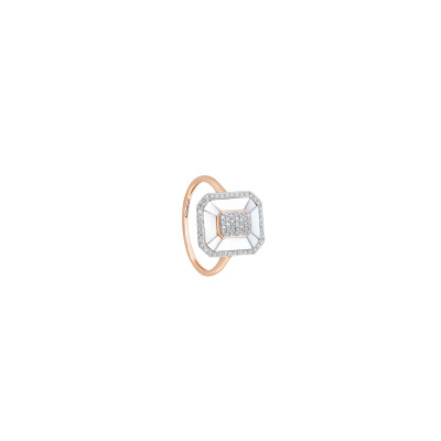 Bague or rose, diamants et nacre blanche