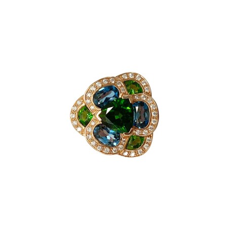 Bague Isabelle Barrier en or rose, diamants, diopside et topaze bleu london, taille 53