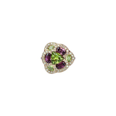 Bague Isabelle Langlois Flora Pensée  en or rose, péridot, rhodolite et diamant