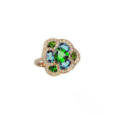 Bague Isabelle Langlois en or rose, diopside, topaze Blue London et diamants