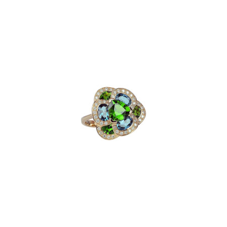 Bague Isabelle Langlois en or rose, diopside, topaze Bleu london et diamants