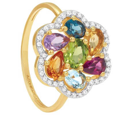 Bague or jaune, diamants et pierres multicolores
