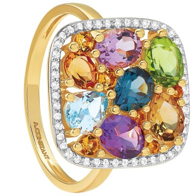 Bague or jaune, diamants et pierres multicolores