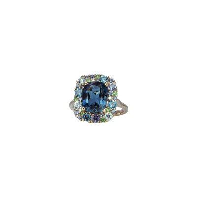 Bague Isabelle Langlois Emotion Coussin en or jaune, topaze bleue, topaze Bleu London, tsavorite et iolite