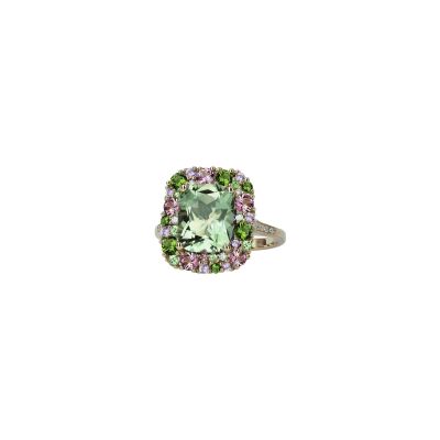 Bague Isabelle Langlois Émotion en or rose, prasiolite, tourmaline rose, tourmaline verte, tsavorite, saphir rose et diamant