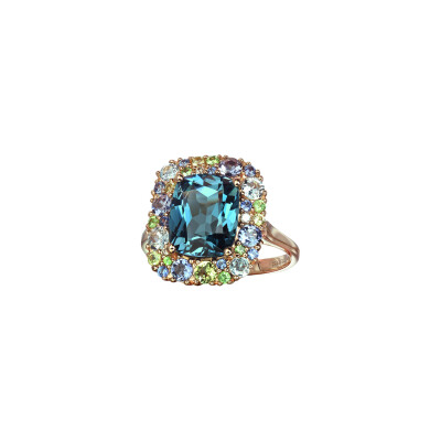 Bague Isabelle Langlois Emotion Coussin en or rose et topaze Bleue et London Blue, péridots, saphirs, cordiérite (iolite), tsavorite et diamants