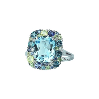 Bague Isabelle Langlois Emotion Coussin en or blanc, topaze bleue, topaze bleu London, péridot et iolite