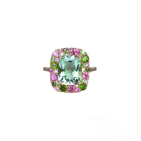 Bague Isabelle Langlois en or rose, quartz vert, tourmaline verte et rose, saphir rose, tsavorite et diamant