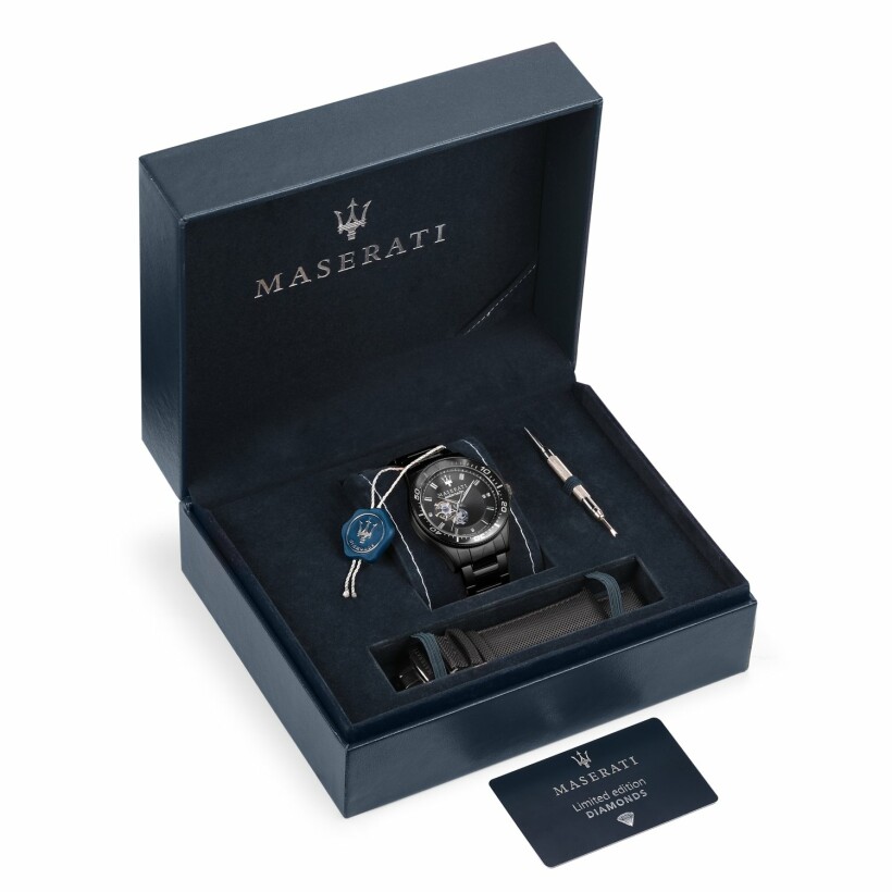 Coffret montre Maserati Sfida Diamonds R8823140005 et bracelet de montre en textile sur cuir