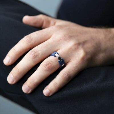 Bague Herbelin Cap Camarat en acier poli et céramique bleue sablée