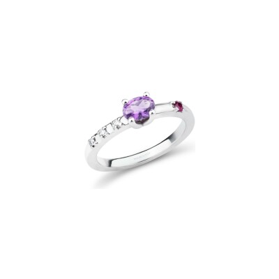 Bague Mauboussin Trop Smart en argent, diamants 0.05 ct, rubis et améthyste