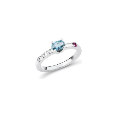 Bague Mauboussin Trop Smart en argent, diamants 0.05 ct, rubis et topaze