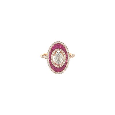 Bague ovale en or rose, diamant et rubis