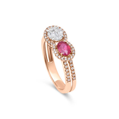 Bague Double Jeu en or rose, rubis taille ovale, diamant taille ovale et double corps diamants