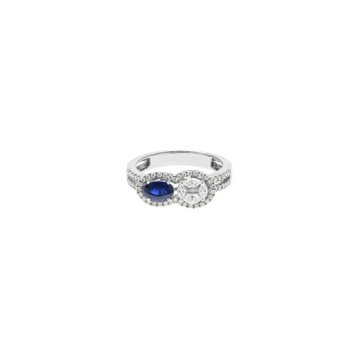Bague Double Jeu en or blanc, saphir taille ovale, diamant taille ovale et double corps diamants